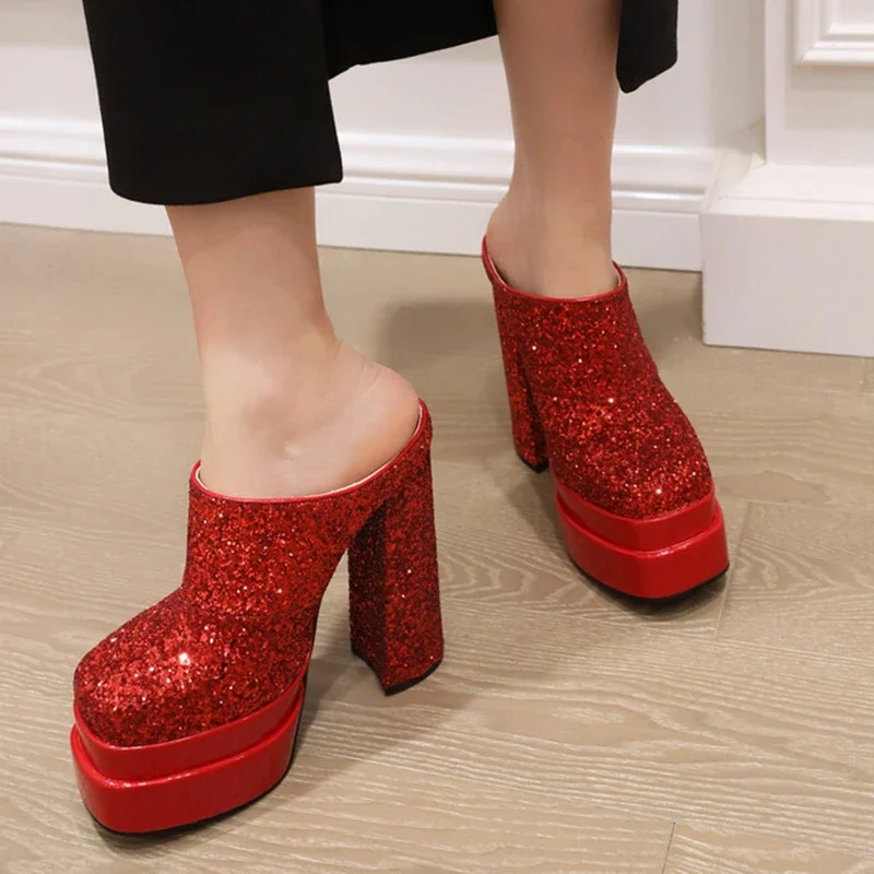 Elegant Lady's Thick High Heel Shoes Platform Thick Platform Glitter Sandals For Women Luxury Outdoor Slippers Slip On Size 43