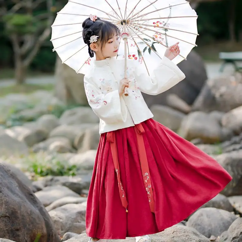 Bestickter Stehkragen der chinesischen Hanfu-Mädchen roter Neujahrs-Tang-Anzug Super unsterblicher Winter anzug gezupfter Kinder-Hanfu