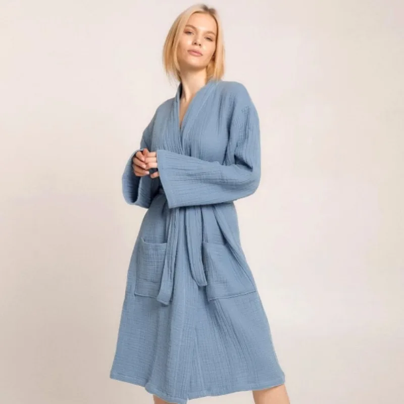 

New Autumn Long Sleeve Crepe Cotton Loose Nightgown Comfortable Home Hotel Bathrobe Loungewear European American Style 2026