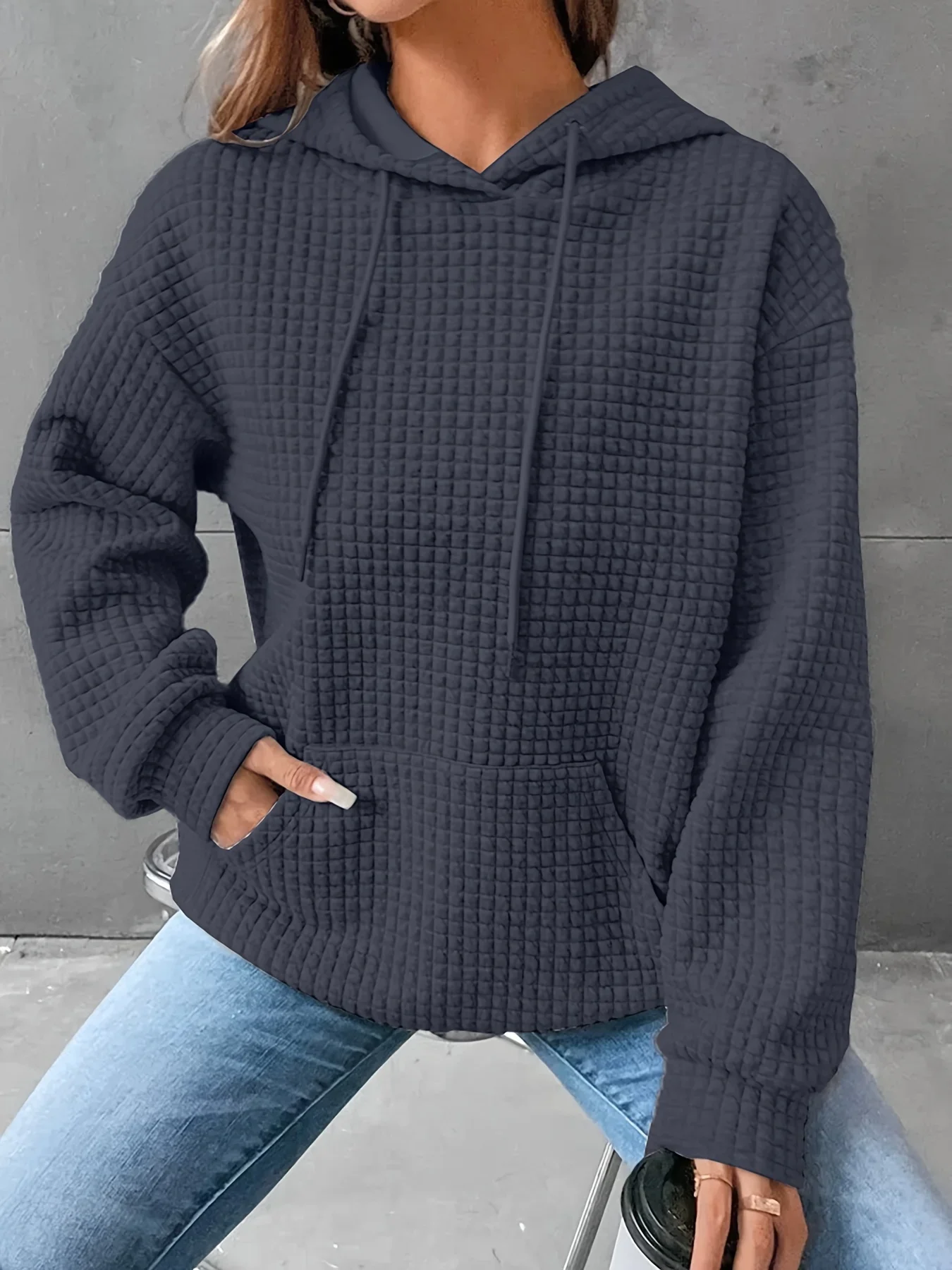 Women's Long-Sleeved Round-Necked Waffle Sweater Monochromatic New Autumn and Winter