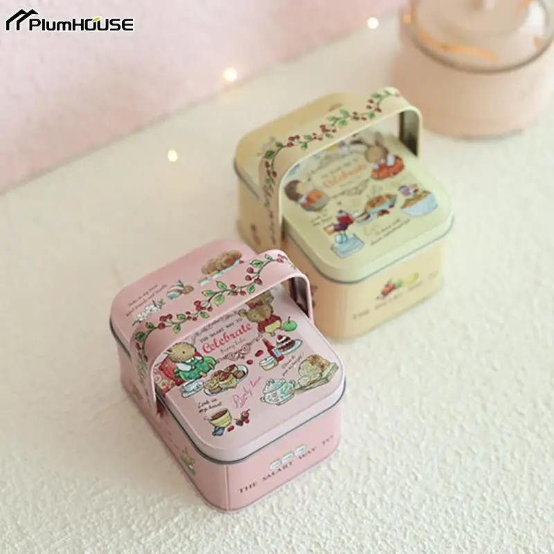 Candy Box Cartoon Rabbit Pattern Good Sealing Tin With Handle Vintage Suitcase Gift Giving Portable Easter Holiday Cookie Tins