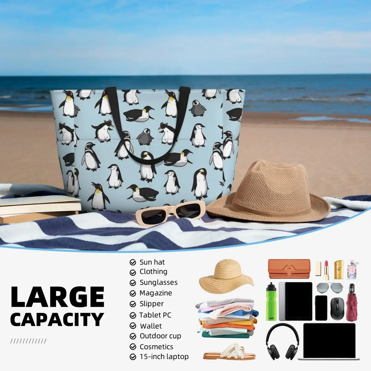 Simpatica borsa da viaggio da spiaggia pinguino, borsa Shopping alla moda regalo di compleanno quotidiano modello Multi-stile