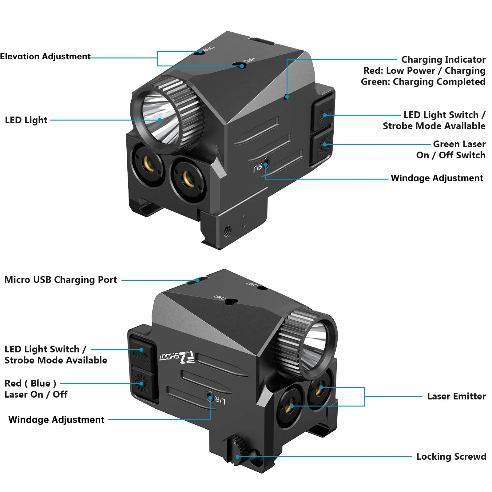 Imagem -02 - Cvlife Pistol Light Lanterna Tática Verde Vermelho Laser Led 500lm Combo Compact Glock Beam Usb Recarregável para Espingardas