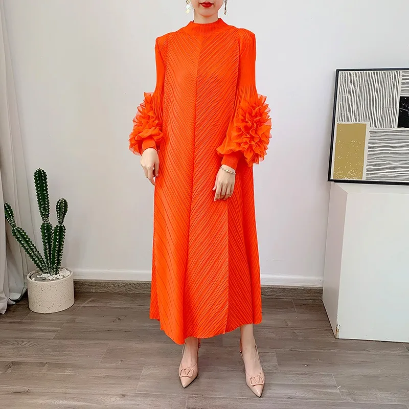 2023 Autumn New Style Long Sleeve Loose Plus Size Pleated Dress Retro Versatile Casual Long Neck Dress Robe Aesthetic Clothes