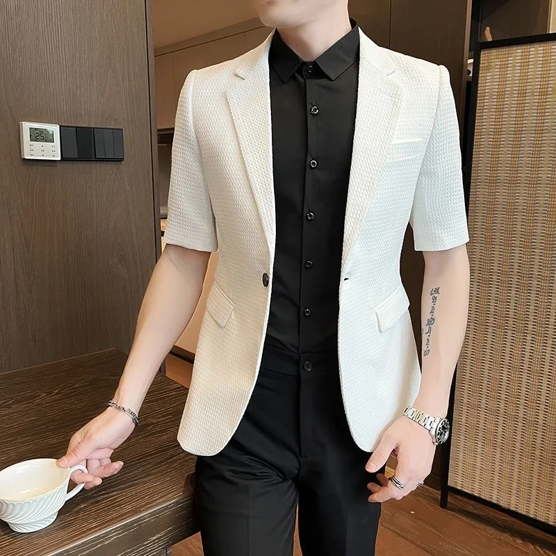 173 Men\'s casual three-quarter sleeve brown suit summer thin Korean style trendy slim short-sleeved suit