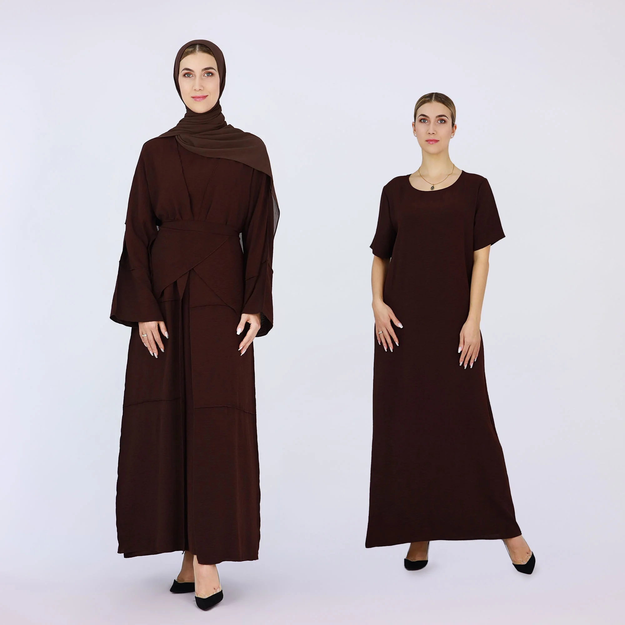 

Eid 3 Piece Abaya Matching Muslim Sets Dress Open Abayas for Women Dubai Turkey Short Sleeve Inner Dresses African Islam Kaftan
