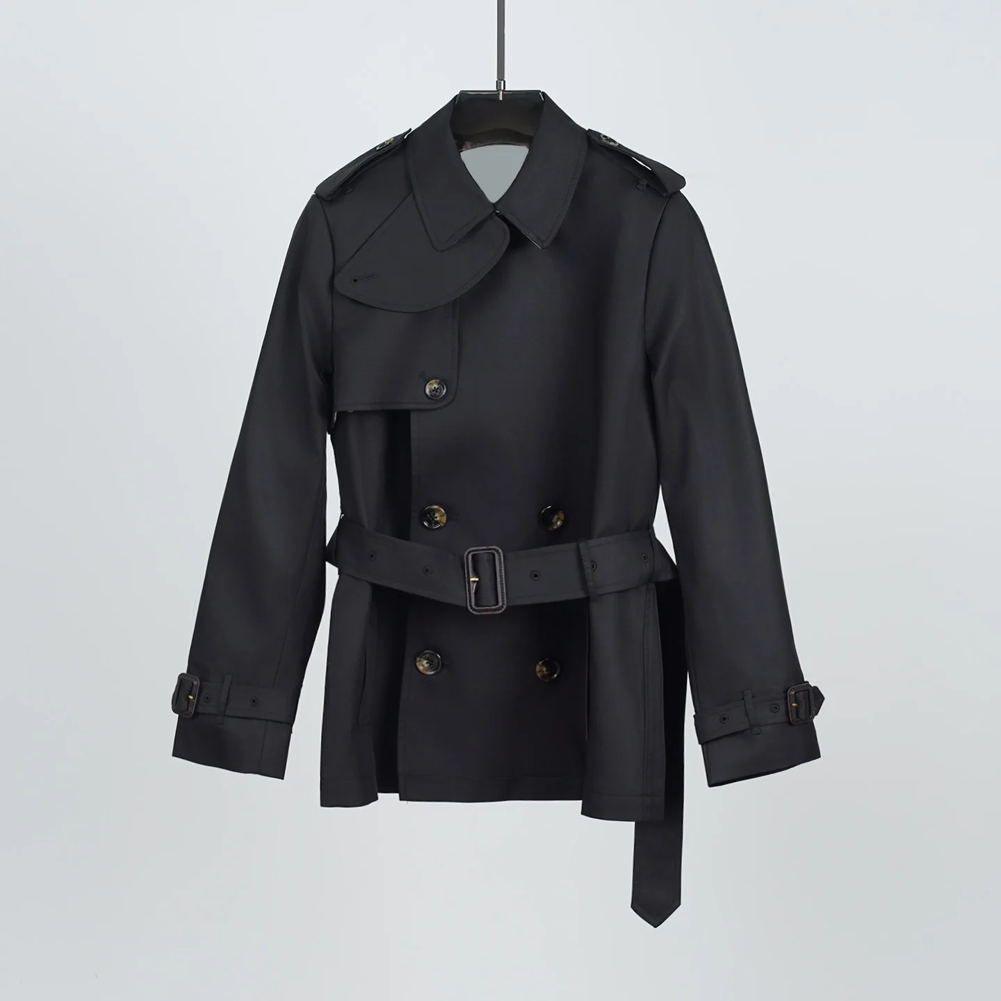 معطف خريفي/شتوي أنيق من القطن الخالص ذو كتلة ألوان متقلب كلاسيكي مزدوج الصدر قصير للنساء