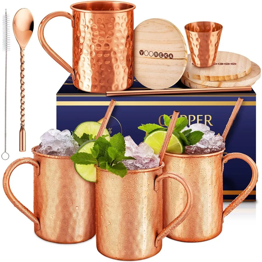 

Gift Set Moscow Mule Mugs Set Of 4 16 oz Solid Cooper 100% Pure Copper Cups Cylindrical Shape HANDCRAFTED BONUS 4 Straws 4 Wood