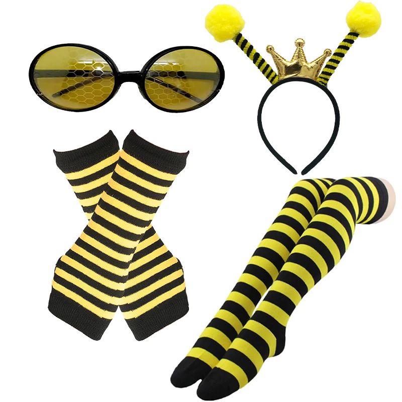 PESENAR Bee Headband With Yellow stripes, Warm legs, High socks, Bee glasses, Long sleeves, women's Dress Up Bee Party