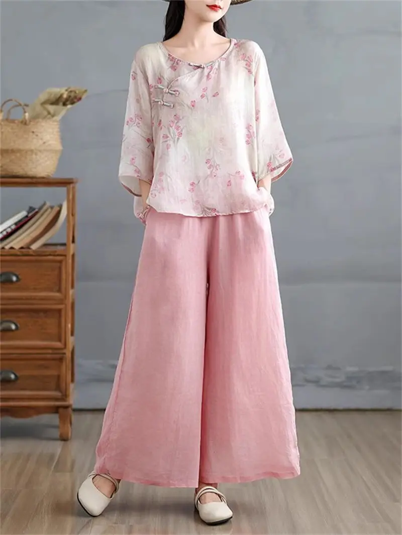 

Высококачественный комплект из льна, хлопка и льна для женщин, новинка 2025, летняя стильная рубашка с принтом Ramie, широкие брюки, наряд из двух предметов g1187