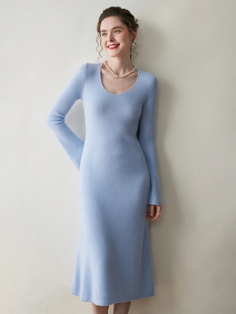 

Autumn Winter Women 100% Cashmere Pullover Dress O-neck Slim Fit Knee-Length Skirt Versatile Knit Flared Sleeves Elegant Office