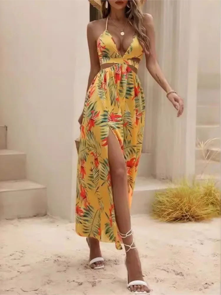 

Print Halter Neck Slit Dresses Women Sexy Deep V-neck Hollow Out Backless Bowknot Leace-up Long Dress Female Streetwear Vestidos