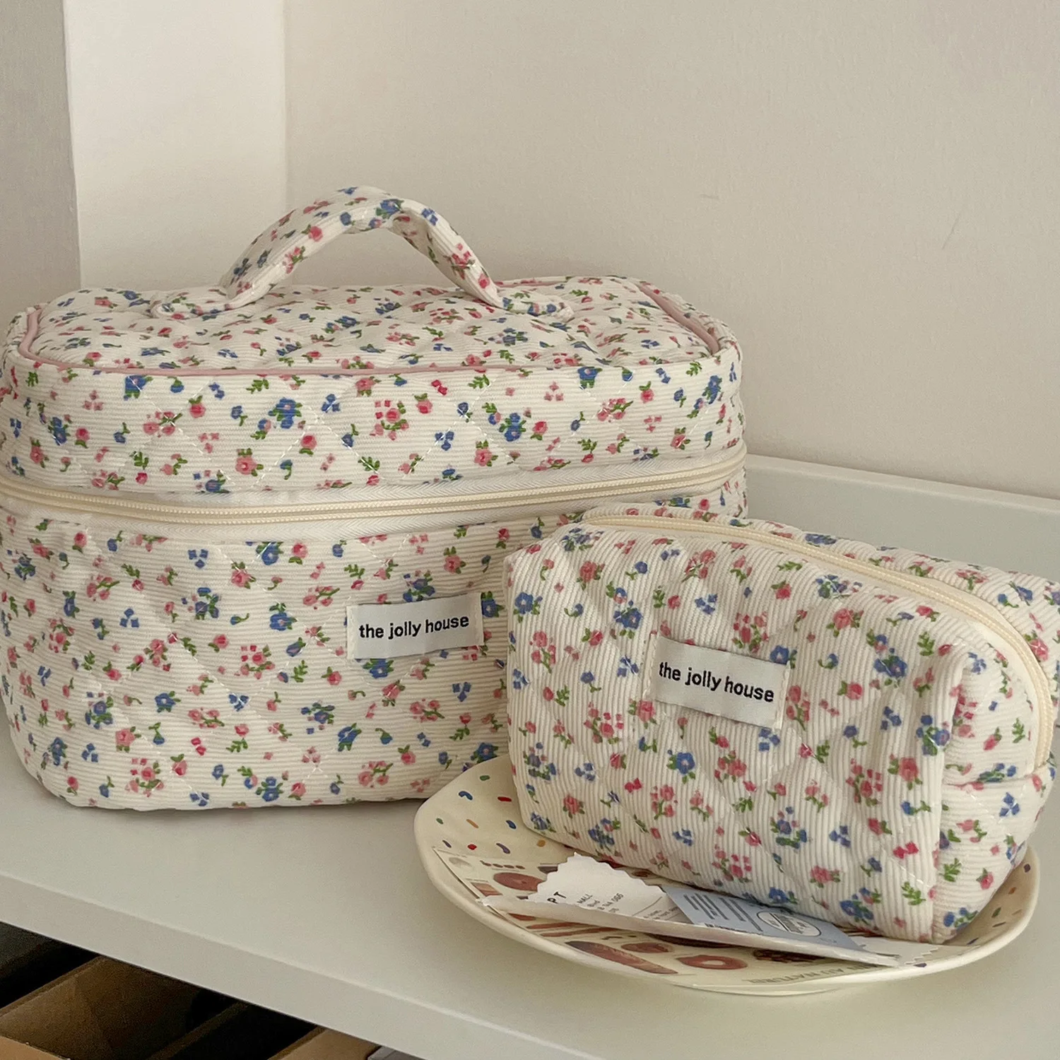 Floral Quilted Cosmetic Bag Set Korean Ins Style Travel Toiletry Bag Portable Makeup Organizer Storage Pouch for Women