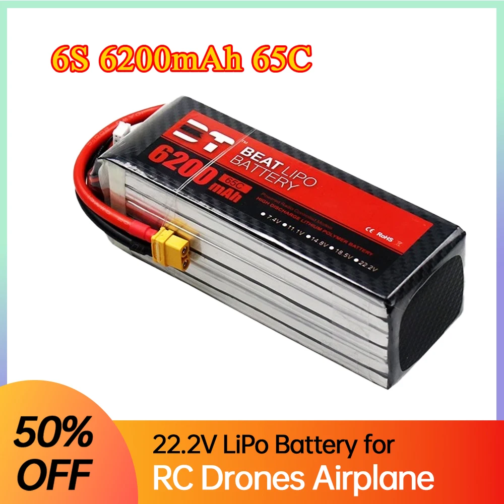 

6S Lipo Battery 6200mAh 22.2V 65C for 1/5 1/8 1/10 RC Car Boat Truck Heli Airplane UAV Drone FPV Racing Models T/XT60 Connector