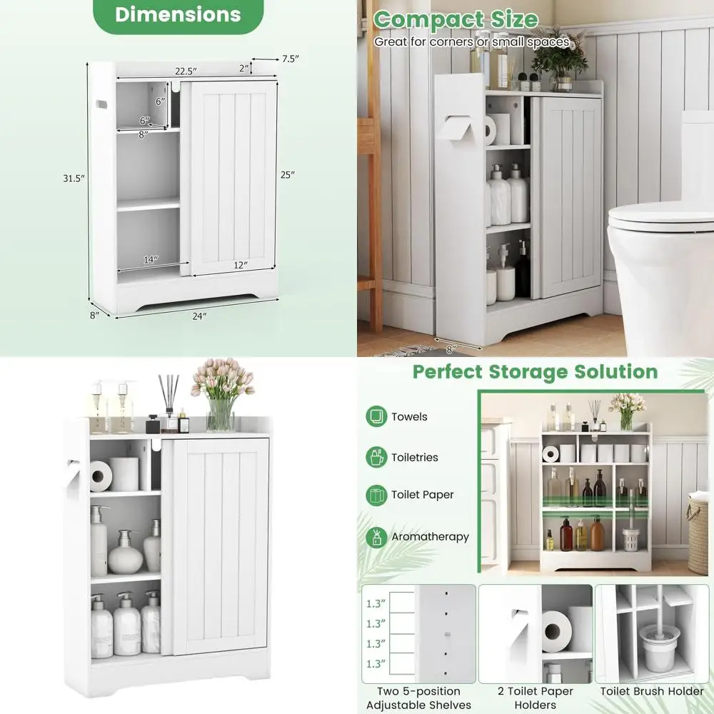 

Space-Saving White Bathroom Floor Cabinet with Sliding Doors, Adjustable Shelves, and Toilet Paper Holders