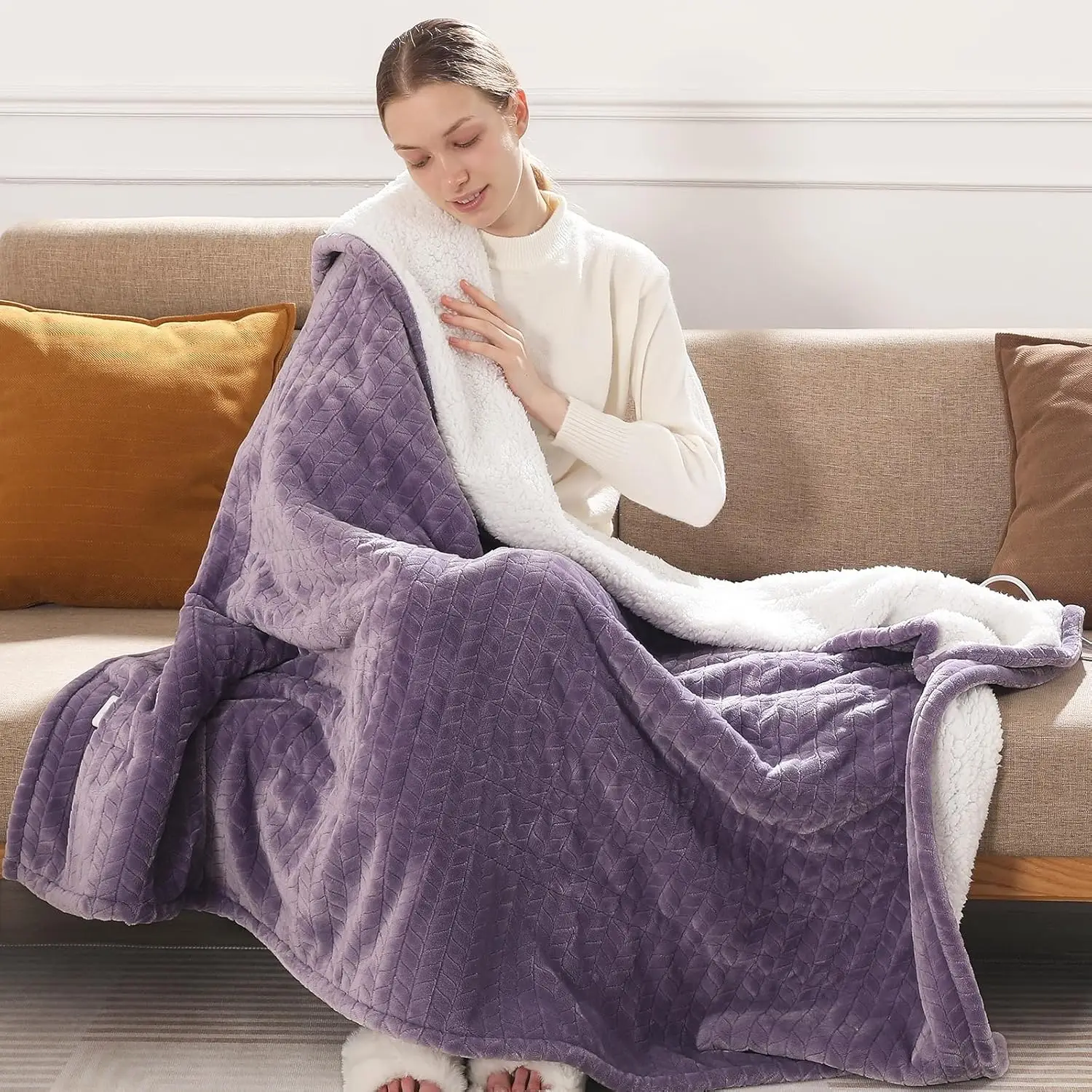 

Queen Size Electric Heated Blanket with Dual Control, 5 Heat Settings, Auto Off, Ultra-Soft Flannel & Sherpa, Machine Washable