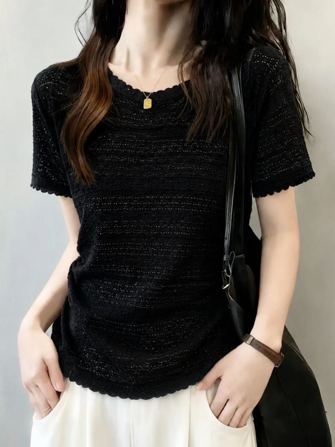 

Elegant Commuter Fashion Short Sleeve Knitwear Hollow out Design Summer New Style Versatile Korean Straight Cut Silk Top