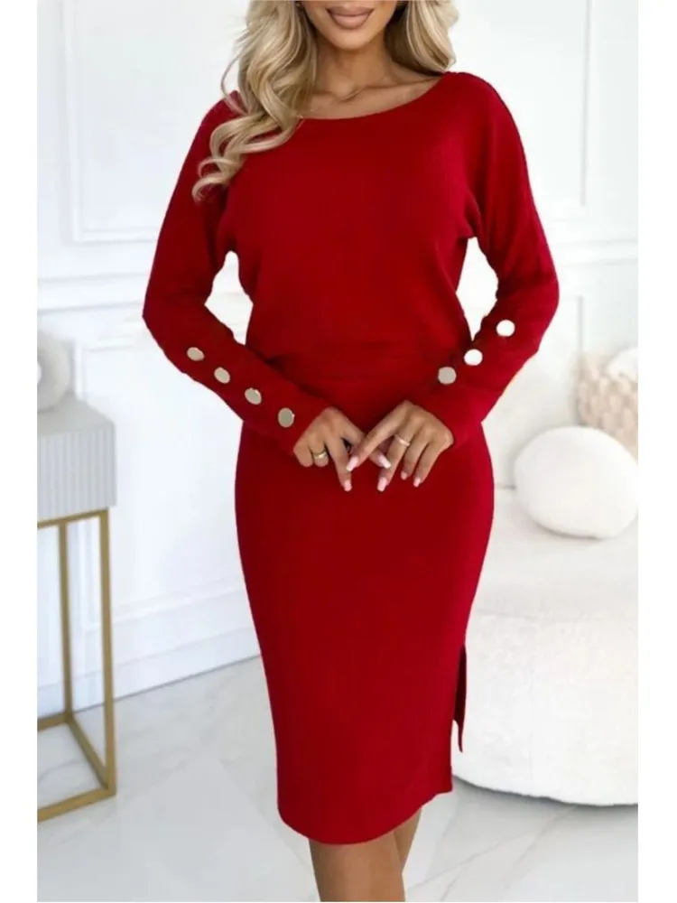 

Women New Casual 2 Piece Sets Ladies Hip Wrapped Skirt Sets Autumn And Winter Fashion Round Neck Pit Button One Step Skirt Suit