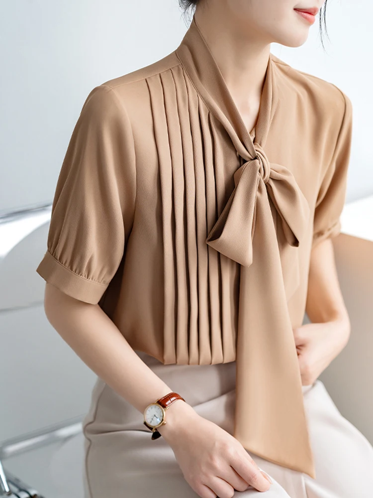 Khaki Chiffon Shirts Thin Short Sleeve Women Summer Top Elegant Professional Shirt Office Ladies Workwear Bow Blouse Trendy 2025