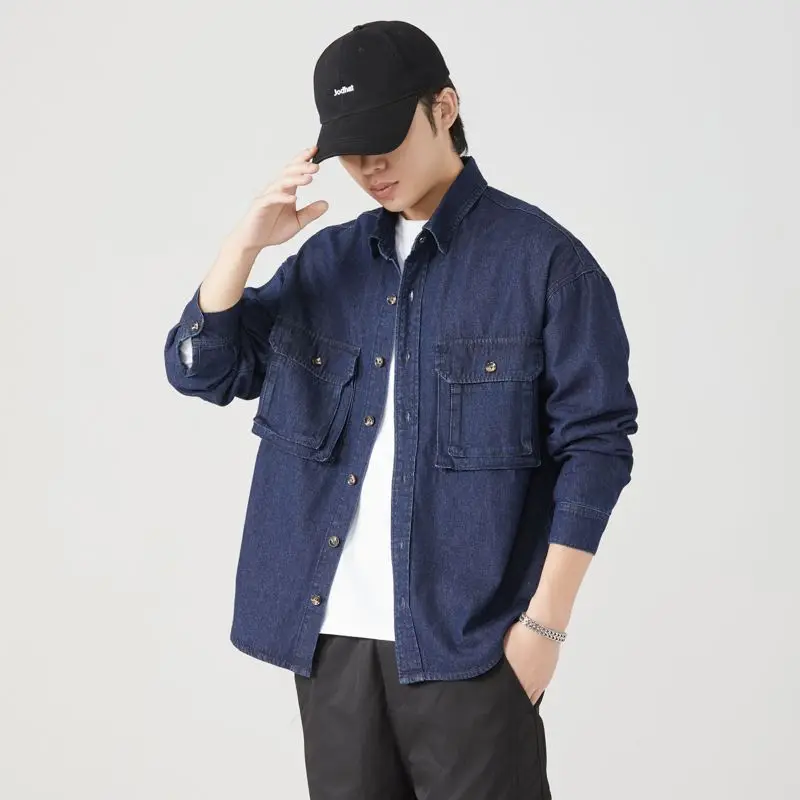 القطن الخالص الأدوات قمصان الرجال ربيع الخريف الشارع الشهير خمر موضة عادية فضفاض كم طويل أبلى البضائع سترة بلوزة جديد #4