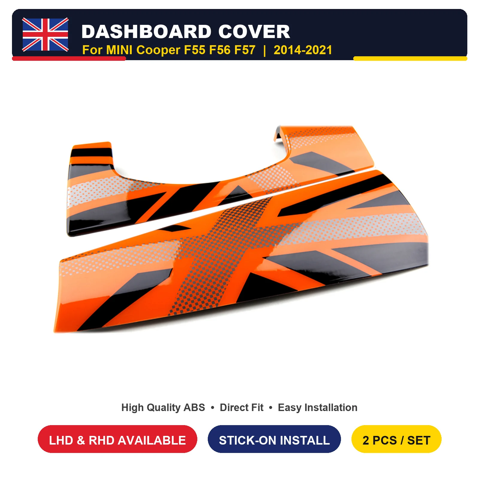 For MINI Cooper F56 F55 F57 Dashboard Trim Panel Cover Union Jack 7 Options PC Stick-on Interior Trim 2 Pcs 2014-2021 LHD RHD