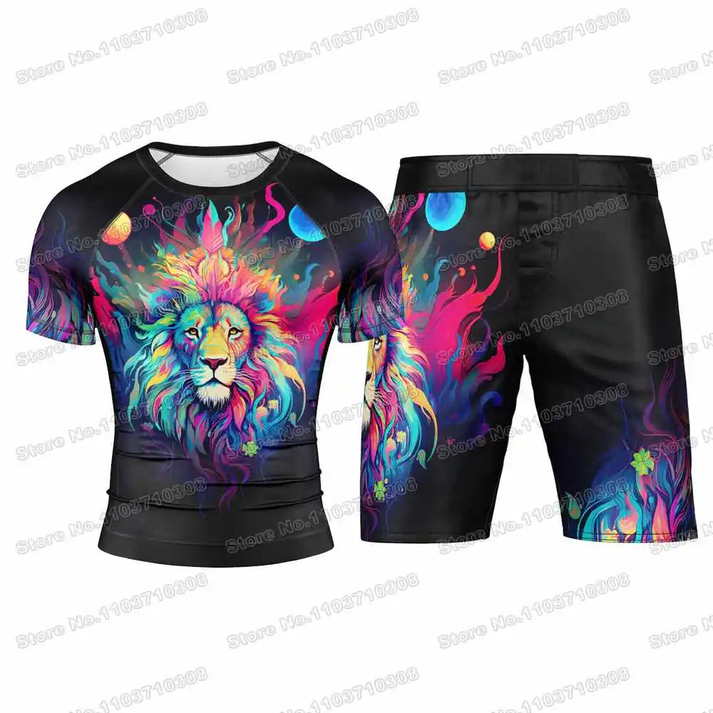 

MYSTICAL LION Wrestling Rash Guards Surfing Jersey Beach Shirts Swimwear Diving Gym Shorts MMA BJJ Men Jiu Jitsu Fitness Sets