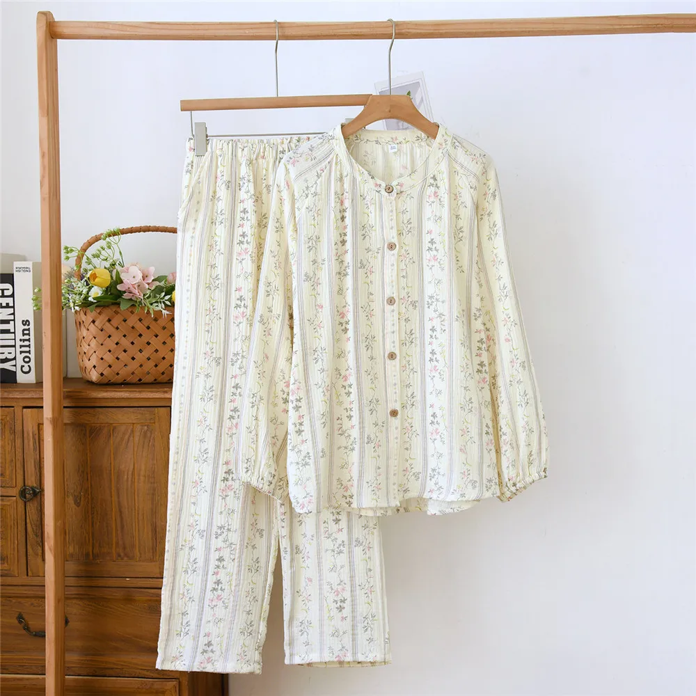 Spring Autumn Cotton Women Striped Floral Printed Long Sleeve Shirt Trousers 2 Pcs Pajamas Set Simple Loungewear Women