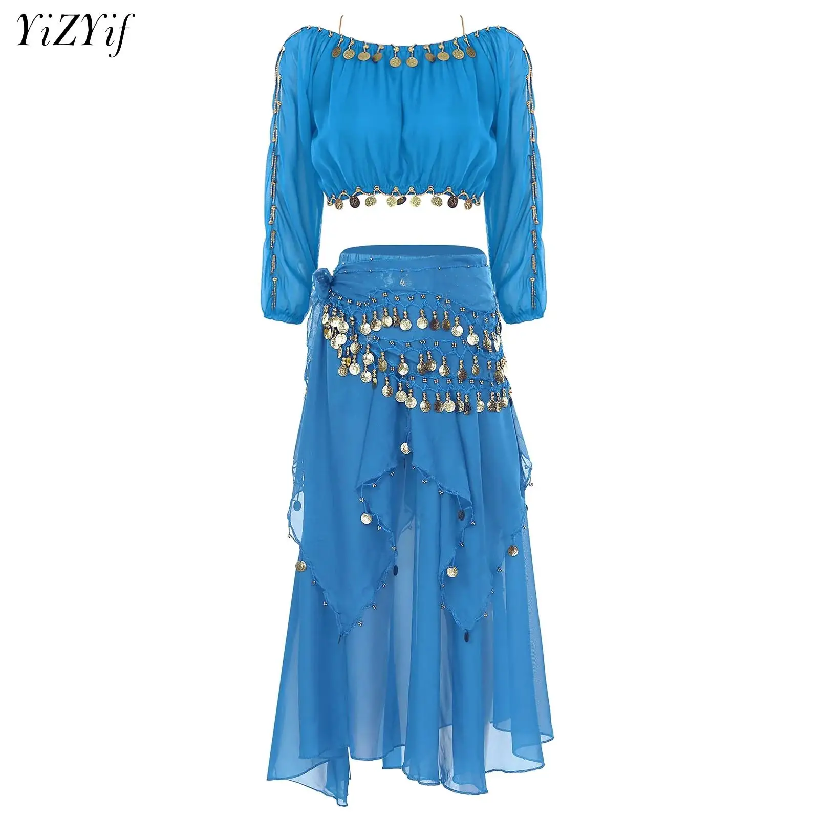 

Belly Dance Professional Suit for Women Long Puff Sleeve Top+Asymmetrical Chiffon Long Skirt Waist Chain Oriental Belly Suit