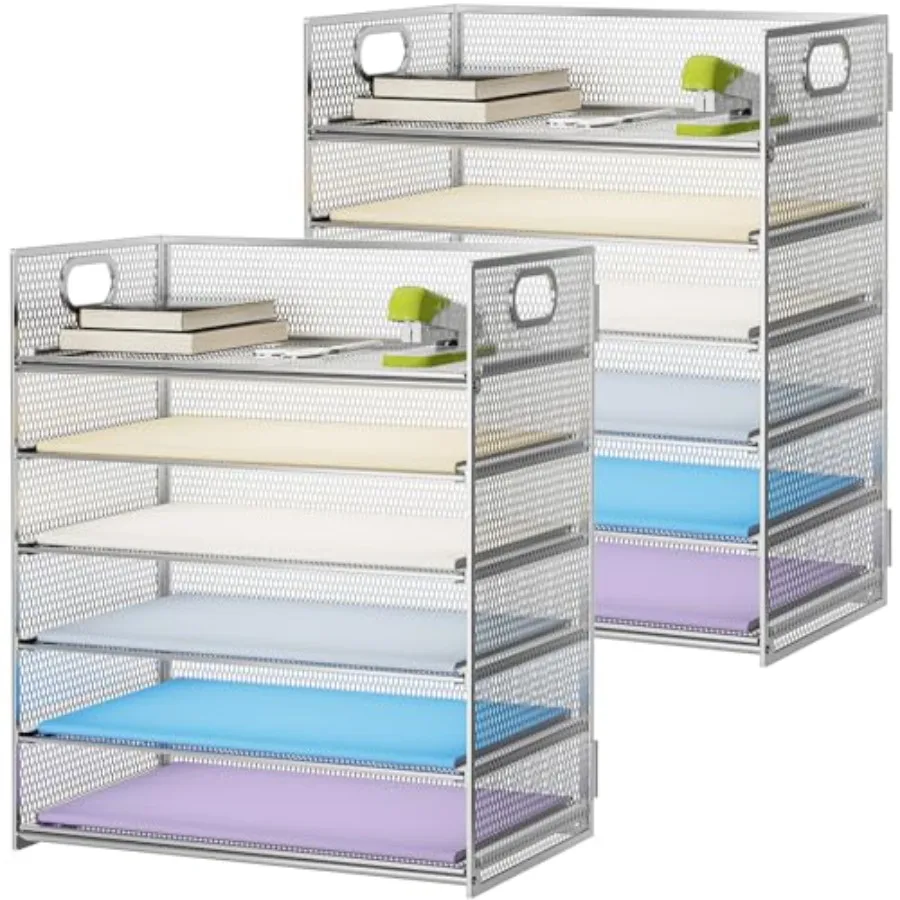 

Desk Organizer with Handle, Paper Letter Tray, Mesh Desk File Organizer for Office, School and Home - Silver
