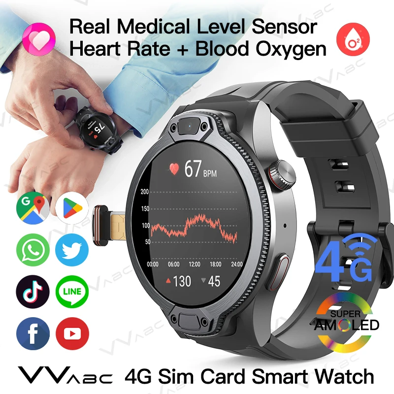 

VVABC 4G Smart Watch with Medical Grade Heart Rate Blood Oxygen SIM Card GPS Amoled HD 5MP Camera Fitness Waterproof Smartwatch