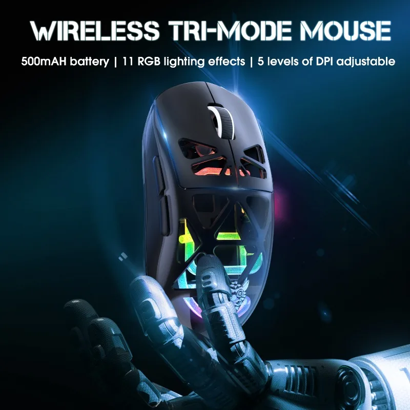 ONIKUMA CW930 Transparent Wireless Gaming Mouse Tri Mode Bluetooth 2.4G USB Wired PAW3212 RGB Rechargeable Optical Sensor Gamer