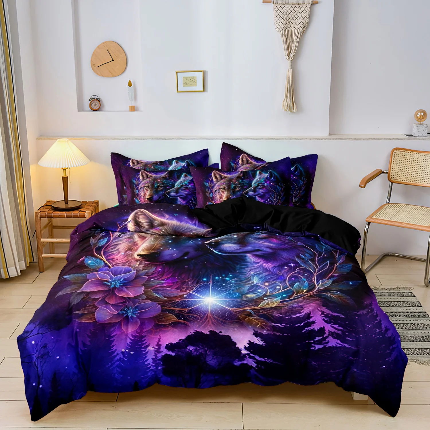 Purple Galaxy Forest Wolves Floral Print 3 Pieces Duvet Cover Set, Starry Night Wild Wolf Flower Pine Tree Print Bedding