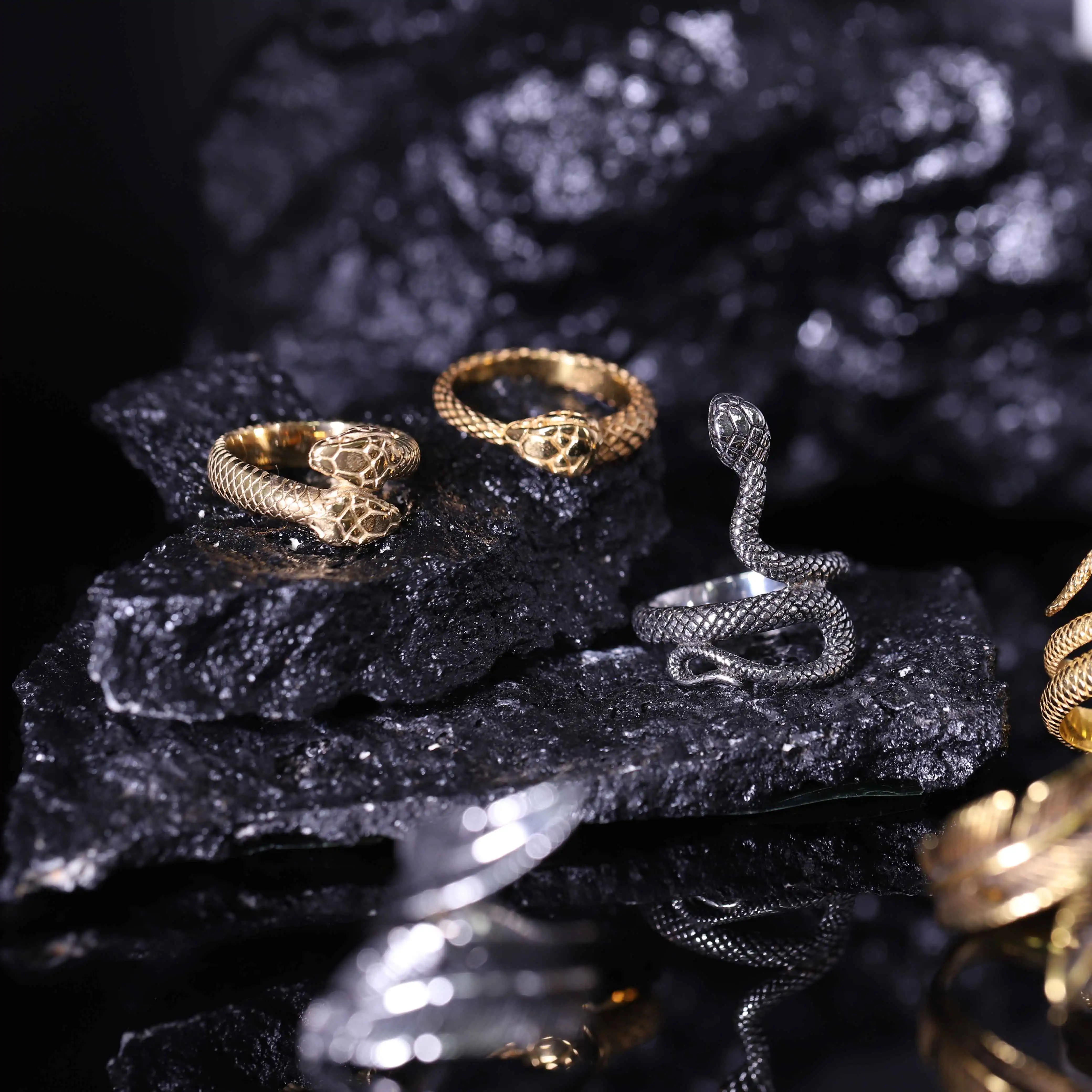 WDM Gothic Vintage Stainless Steel Snake Ring Black Silver 14k Gold Feather Steampunk Viking Adjustable Open Rings