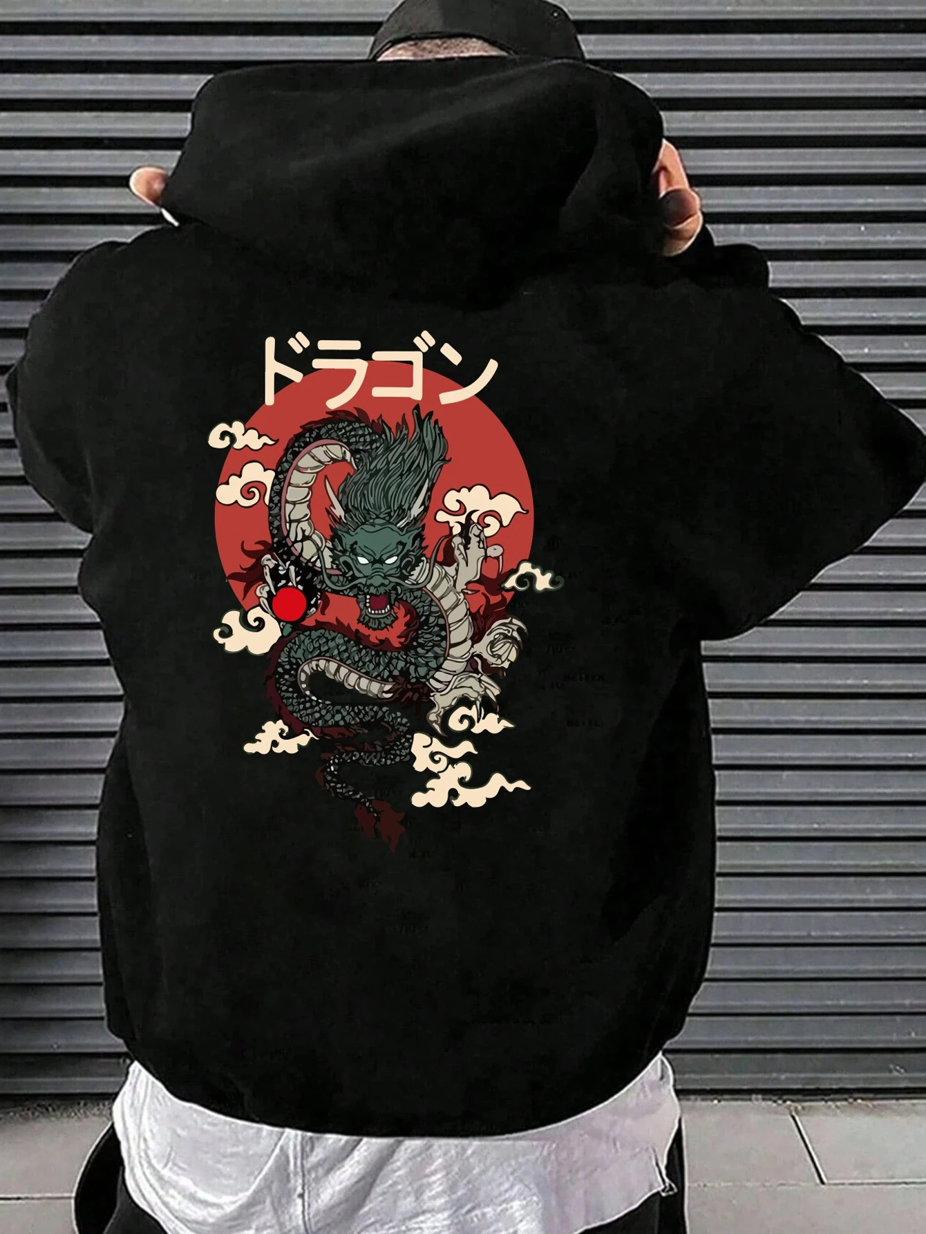 

Men's Japanese Dragon Graphic Hooded Sweatshirt - Soft Casual Pullover with Front Pockets, Geometric Print