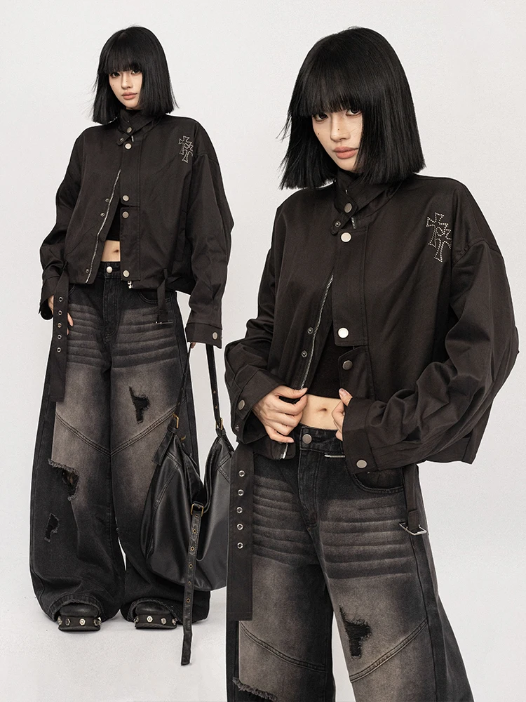 

OCTTFLAB American Retro Hot Girl Bla ort Jaet Women's Autumn Winter Workwear Flight Jaet Zipper Top Ladies Coat