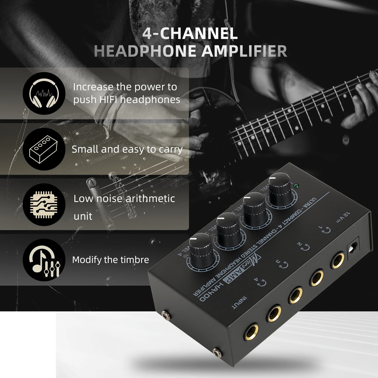 HA400 amplificador de auriculares estéreo de 4 canales, distribuidor de auriculares, Mini ultracompacto para mezclador de música, amplificadores de grabación