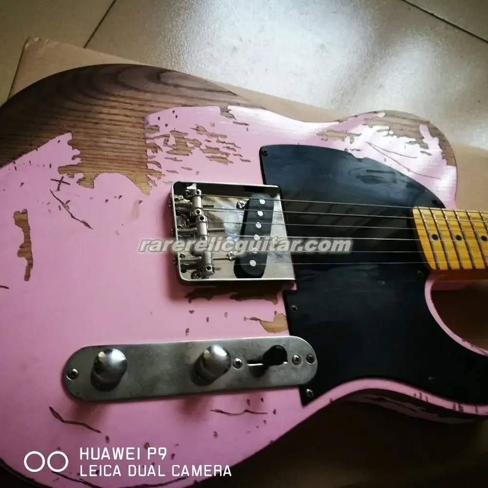 Rare Heavy Relic Pink Masterbuilt Electric Guitar Ash Body Maple Neck Maple Fingerboard Black Dot Inlay Vintage Tuners