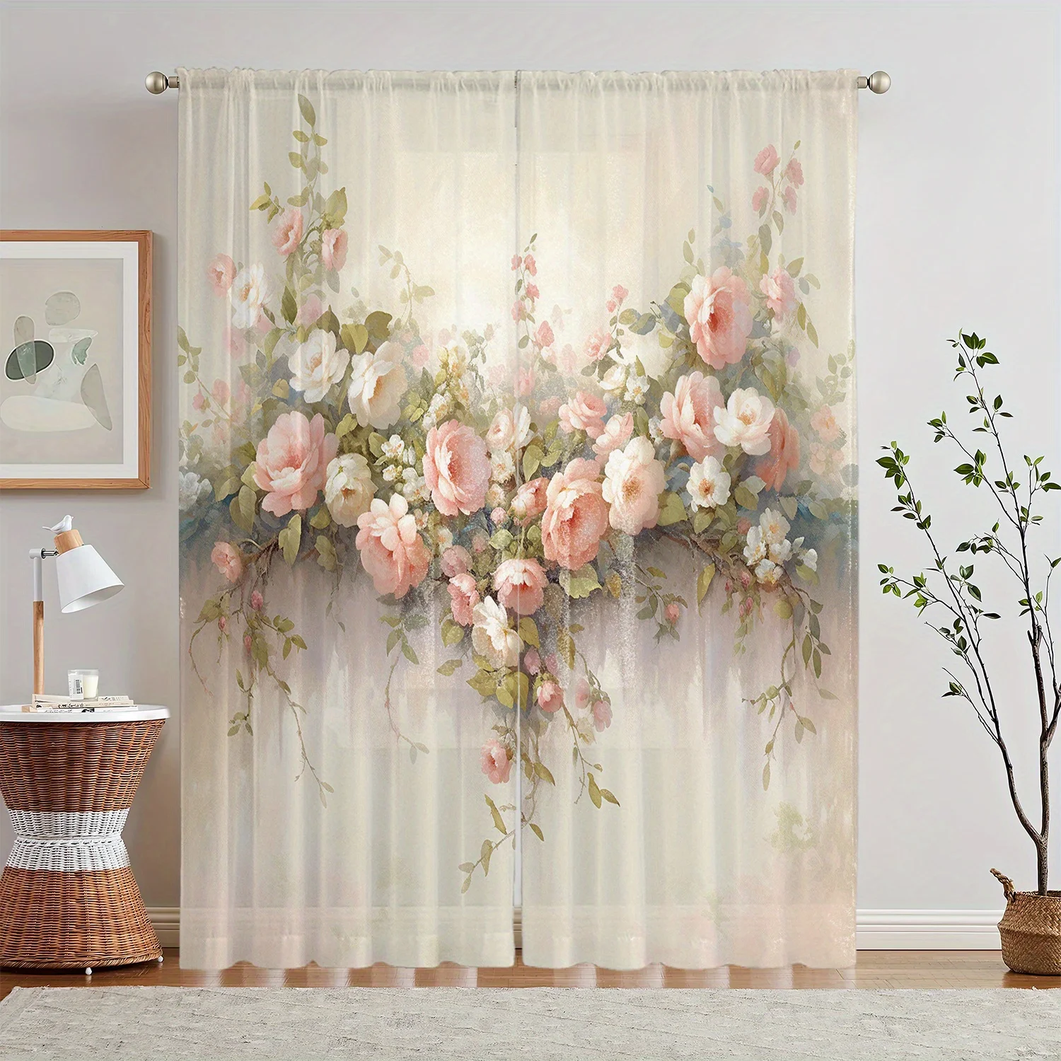 2PC Pink & White Rose Sheer Curtains – Soft Polyester,Pocket Rod, Machine Washable – Pastel Style for Living Room,Bedroom,Office