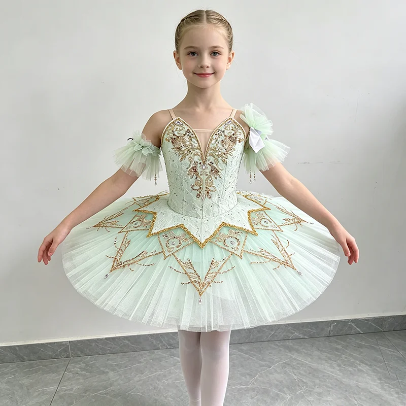 Women side matching tulle bow wave jacquard V-neck professional tutu ballet costume gilded branch leaf rhinestone embroidery min