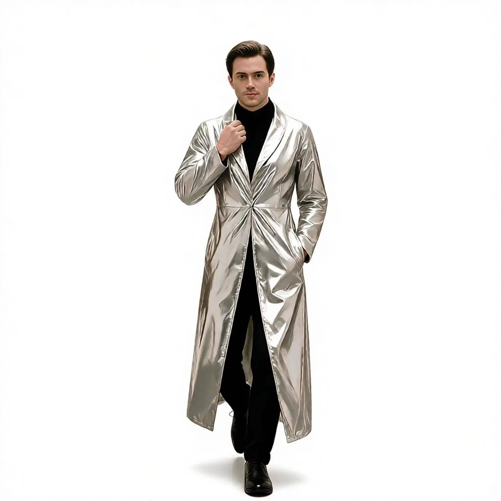Men Trench Autumn Super Long Windbreaker Buckle Waist with Belt Thin Loose Streetwear Casual Long Jackets Jazz Dance Trench Coat