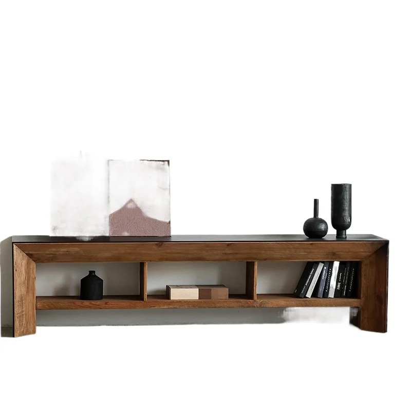 

Wabi Sansan black solid wood TV cabinet 2.4 meters old pine + oak sticker living room small apartment floor-to-ceiling furniture