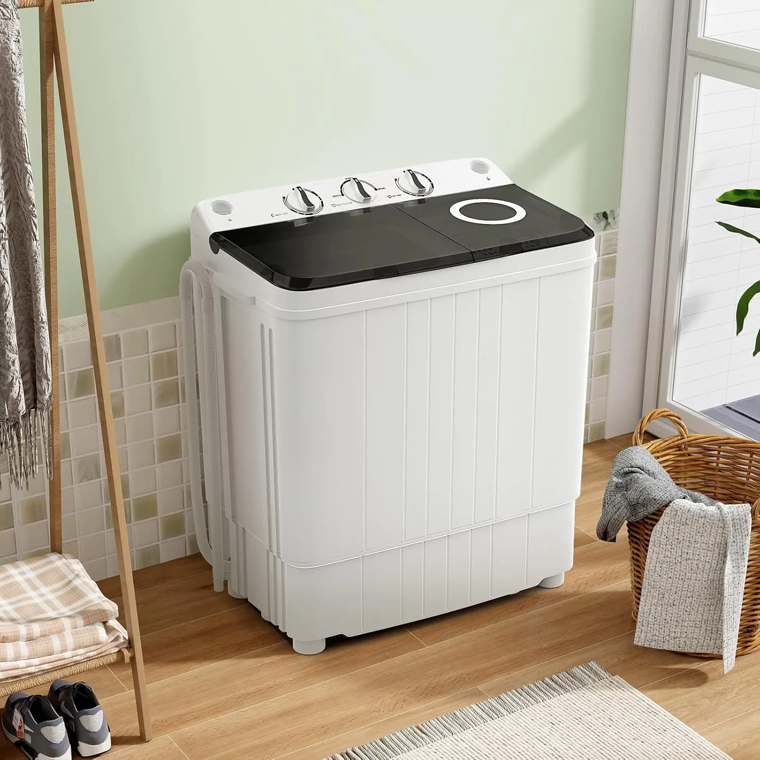 Portable Washing Machine 17.6 lbs Capacity Twin Tub 11 lbs Washer and 6.6 lbs Spinner with Control Knobs Timer Function Grey