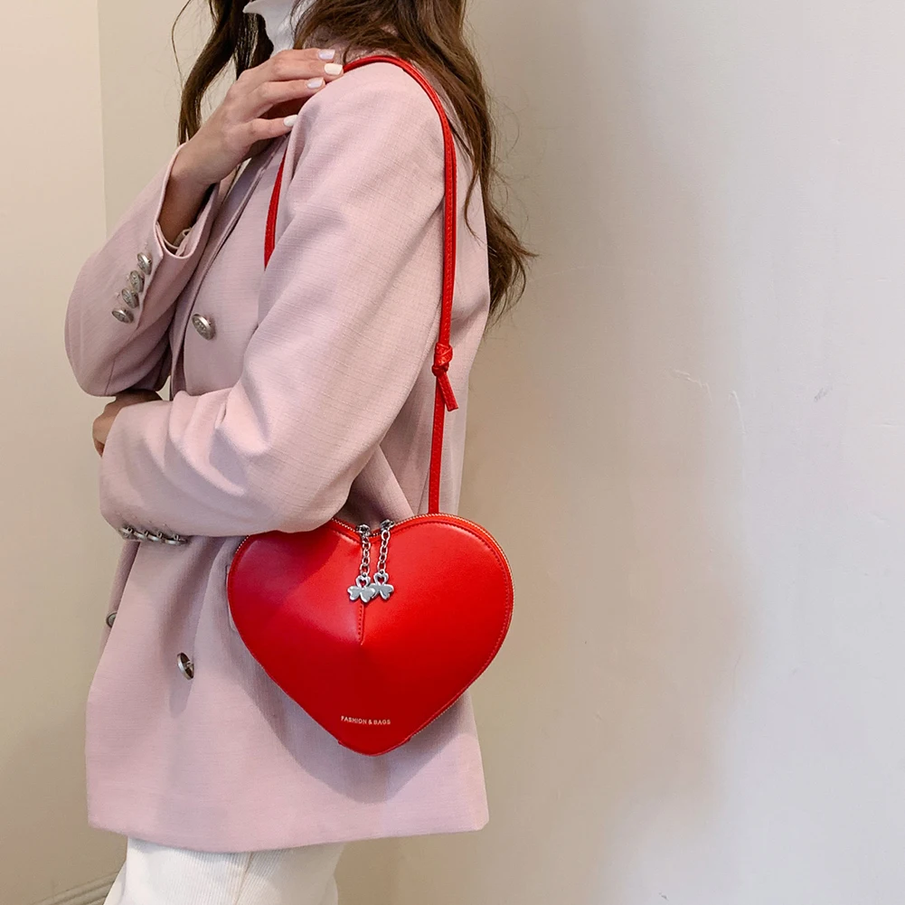 Women Stylish Crossbody Bag Solid Color PU Trendy Sling Purse Dual Zippers Heart-Shaped Shoulder Bag for Valentine's Day Gift