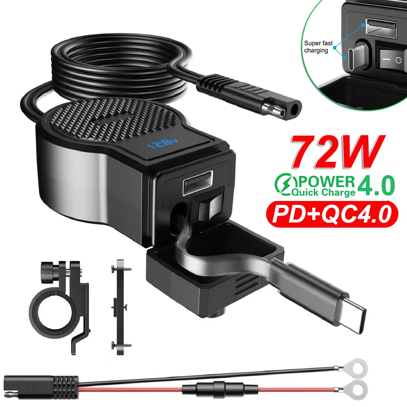 

Водонепроницаемое зарядное устройство для мотоцикла 72W PD QC4.0 с USB и сверхбыстрой зарядкой, выдвижным кабелем Type-C, вольтметром и цифровым дисплеем заряда