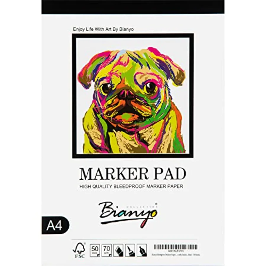 

Bleedproof Marker Paper Pad, A4 8.27"X11.69",50 Sheets, 18 LB/ 70 GSM, Glue-Bound, 100% Cotton, White, Ideal for Use with Marke