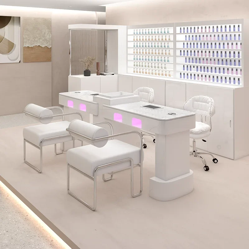 

Новая модель маникюрного стола с мраморной столешницей и стулом, дизайнерская мебель для салона красоты, профессиональная УФ-лампа для гель-маникюра, мебель для ногтевого салона