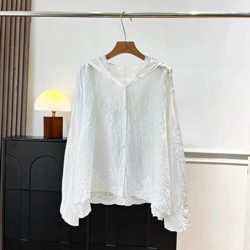 

Женская свободная толстовка с капюшоном и вышивкой, кардиган, легкая прозрачная верхняя одежда для похудения с тяжелой строчкой, защита от солнца...