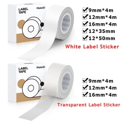 1Roll White/Transparent 9mm 12mm 16mm Adhesive Label Maker Paper for MAKEID M1/L1/E1 Mini/Mini HD Laminated Office Labeling Tape