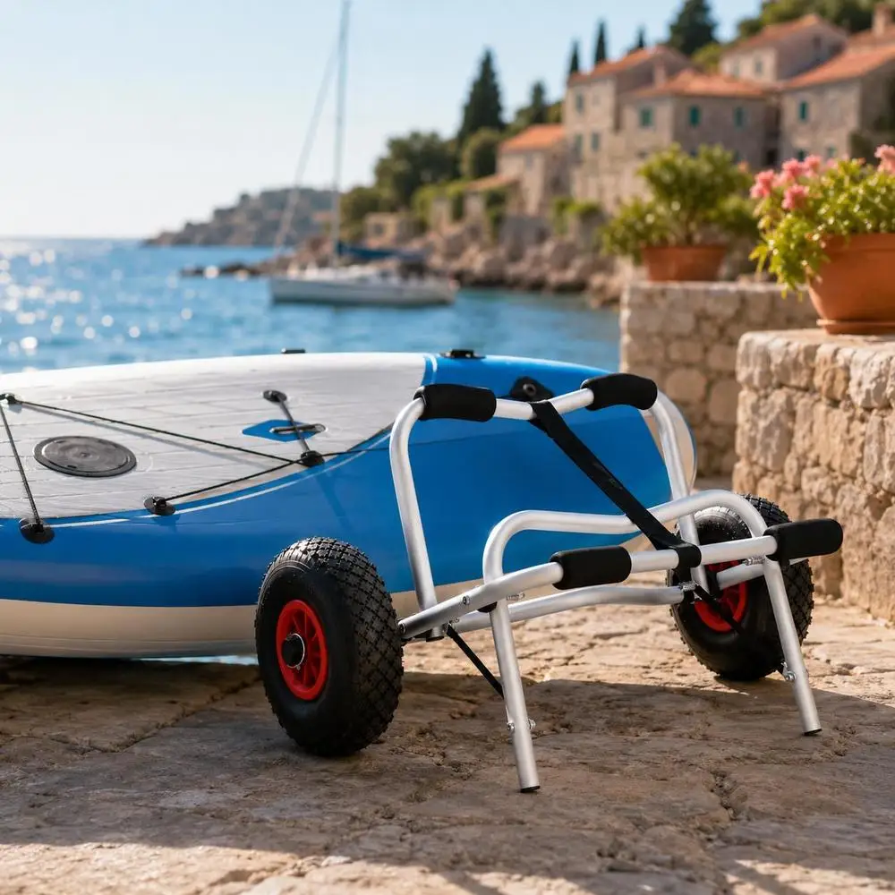 Chariot pliable pour kayak, cadre en aluminium avec rembourrage en mousse souple et sangle de fixation sécurisée, roues gonflables, gain de place