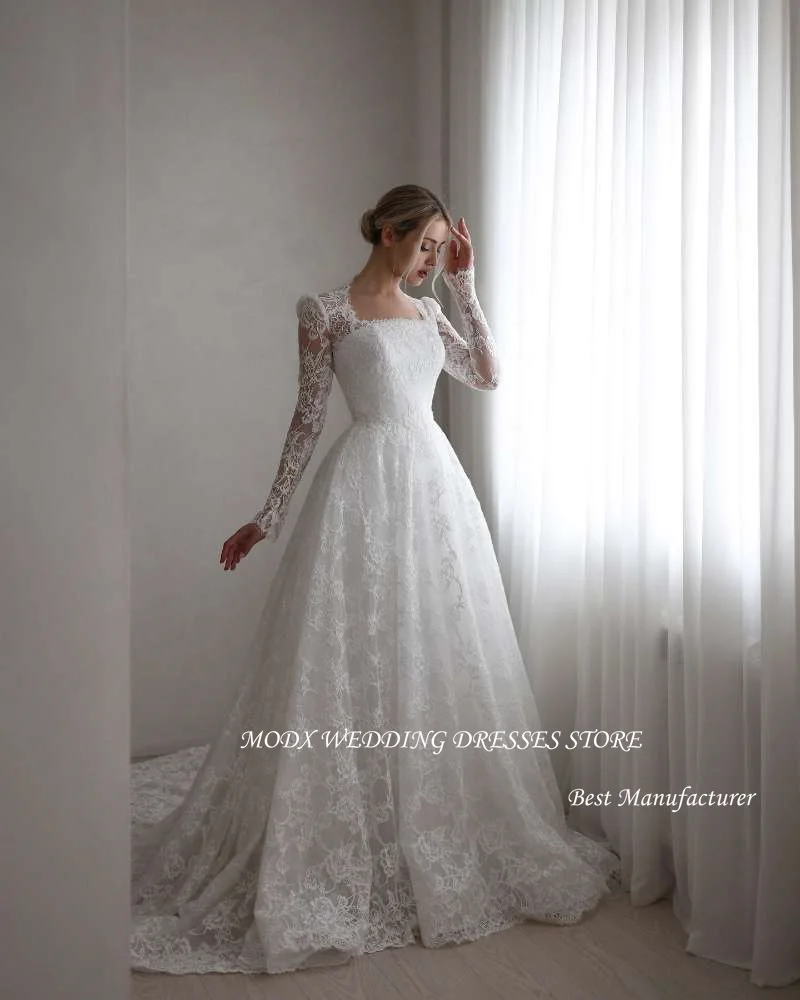MODX Modest A Line Full Lace Wedding Dresses Long Sleeves Square Neck Sweep Train Dubai Arabic Bridal Gowns Robe de mariage
